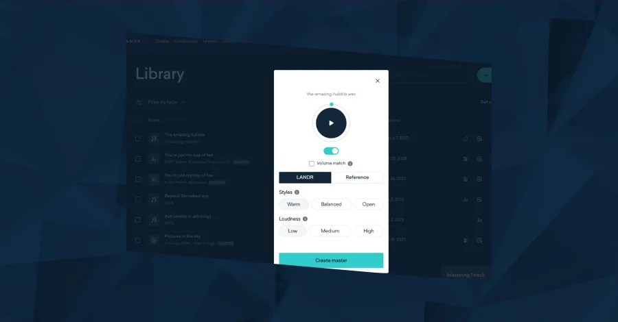 LANDR online AI mastering platform interface