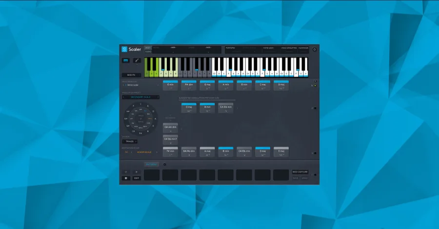 Scaler music theory plugin showing chord suggestions and a piano roll