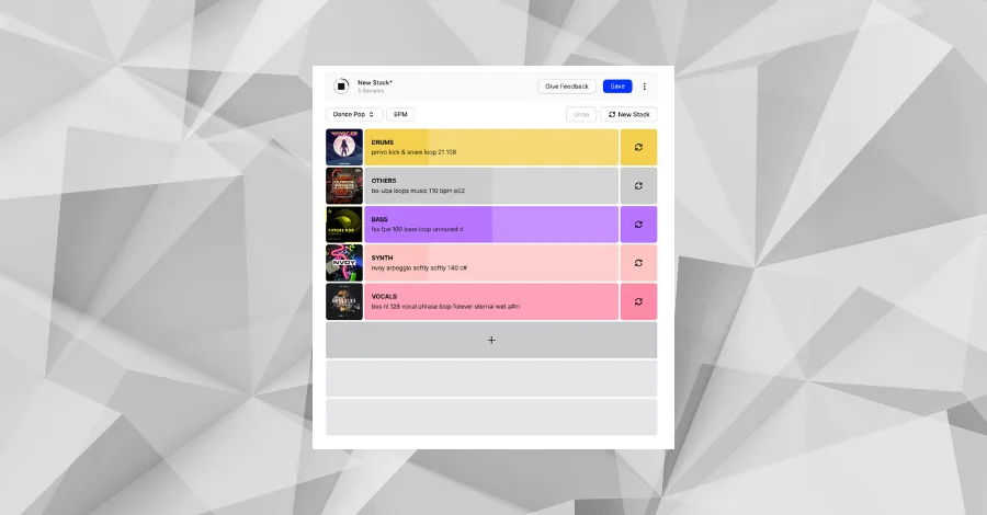 Splice Stacks interface showing layered samples from different producers