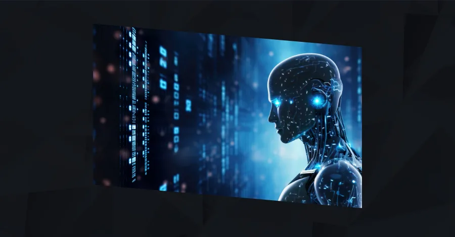 Cybernetic AI head with glowing blue eyes against a digital matrix backdrop