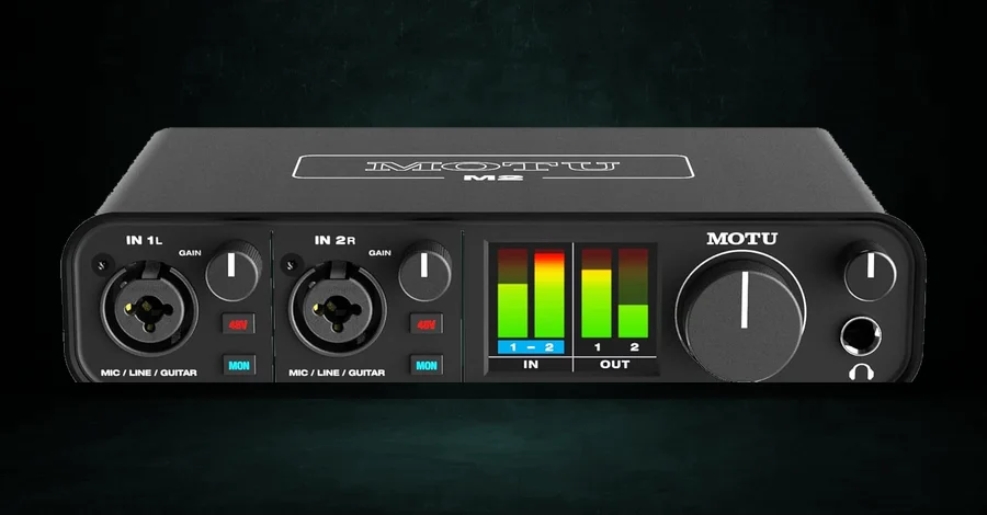 MOTU M2 USB-C audio interface with full-color metering display