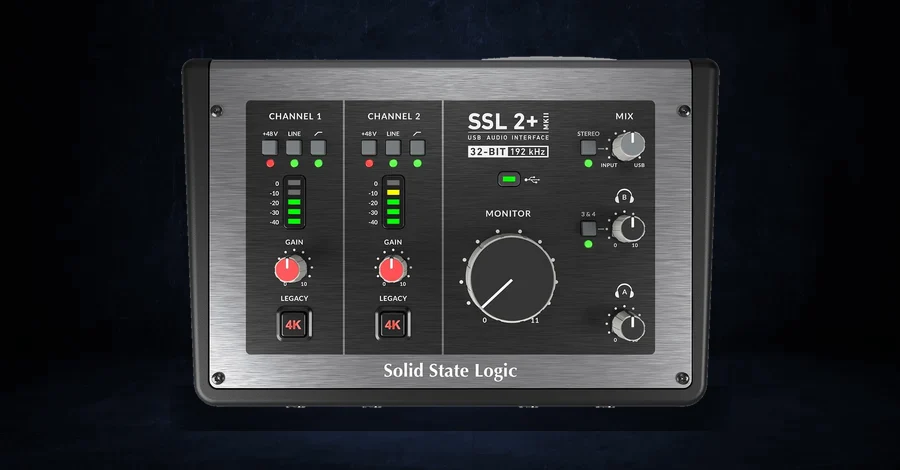SSL 2+ MkII USB audio interface with 4K button and two headphone outputs
