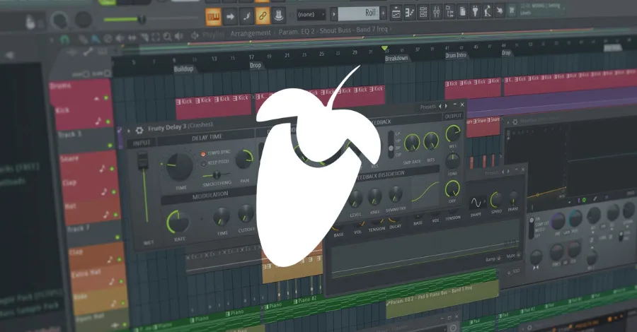 FL Studio production interface with the pattern-based step sequencer and mixer visible