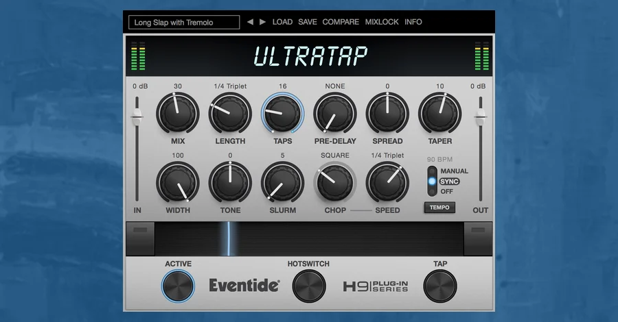 Eventide UltraTap multi-tap delay plugin interface with tap, length and taper controls