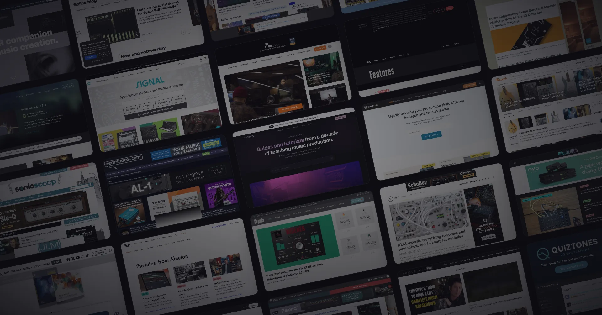 A tilted mosaic of music production blog homepages on a dark background