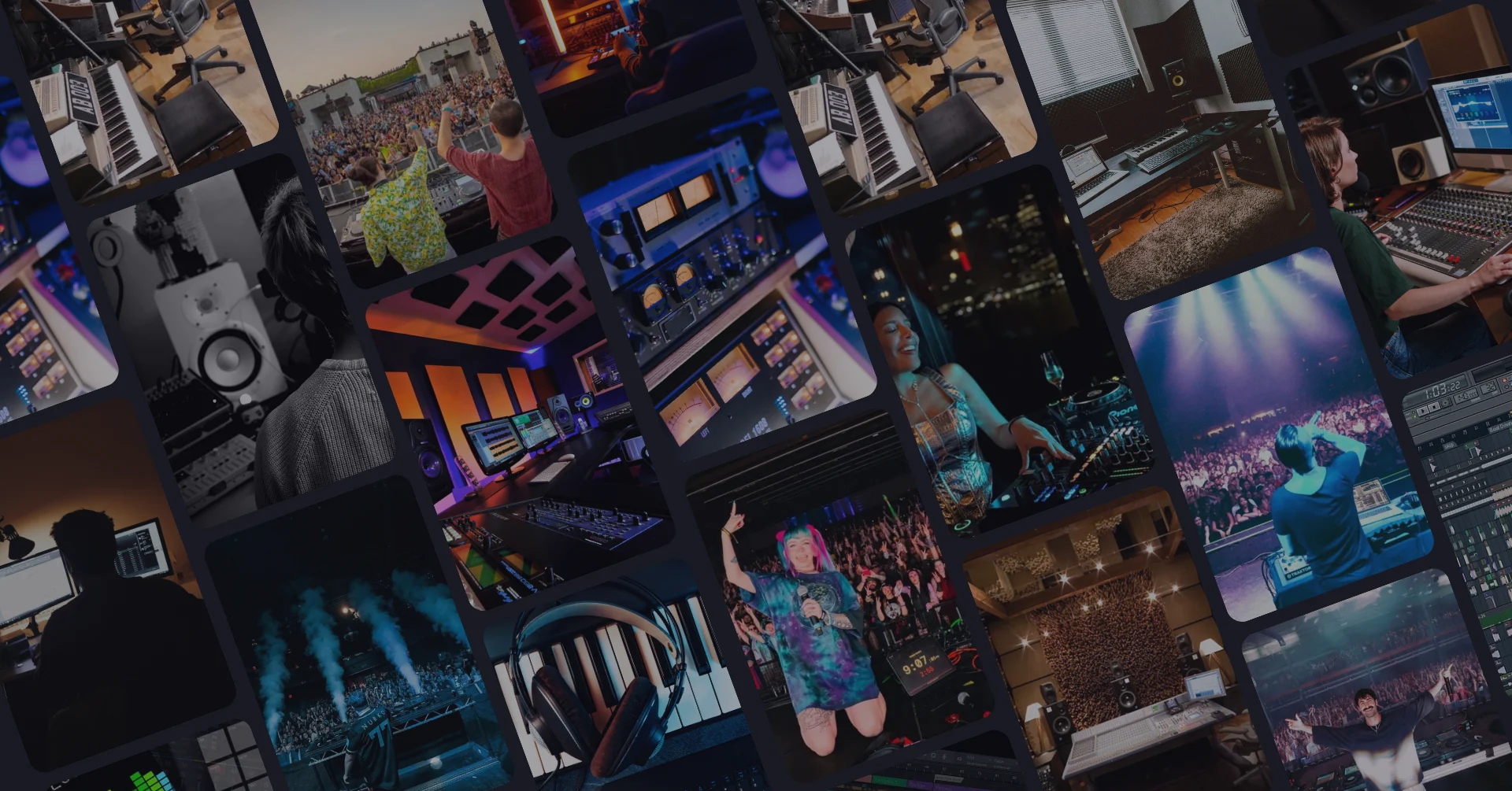 A mosaic of home studios, professional consoles and producers performing live