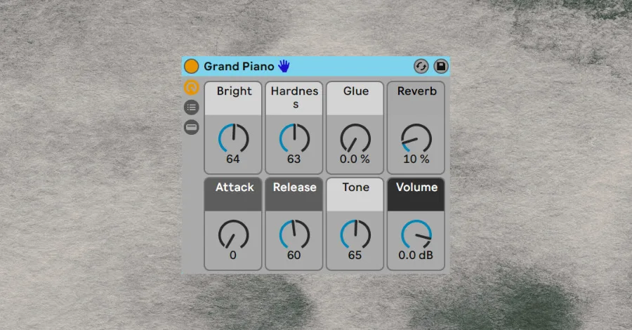 A DAW piano roll showing built-in stock piano MIDI programming on a simple preset