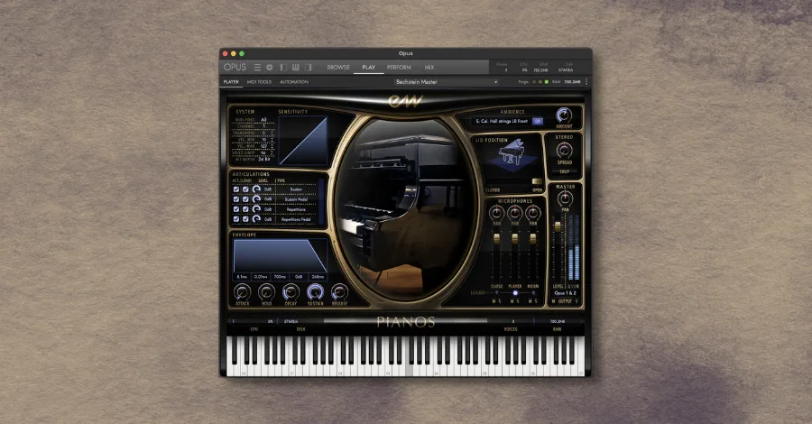 EastWest Sounds Pianos plugin showing the grand piano multi-microphone selection interface