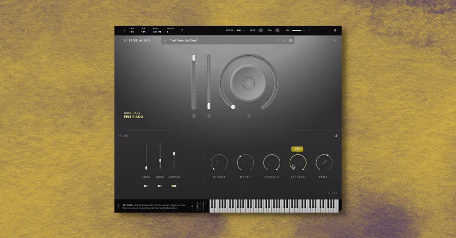 Spitfire Audio Felt Piano plugin interface showing its minimal presets panel