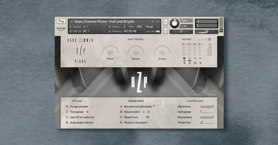 Spitfire Audio Hans Zimmer Piano plugin showing the AIR Studios grand piano interface