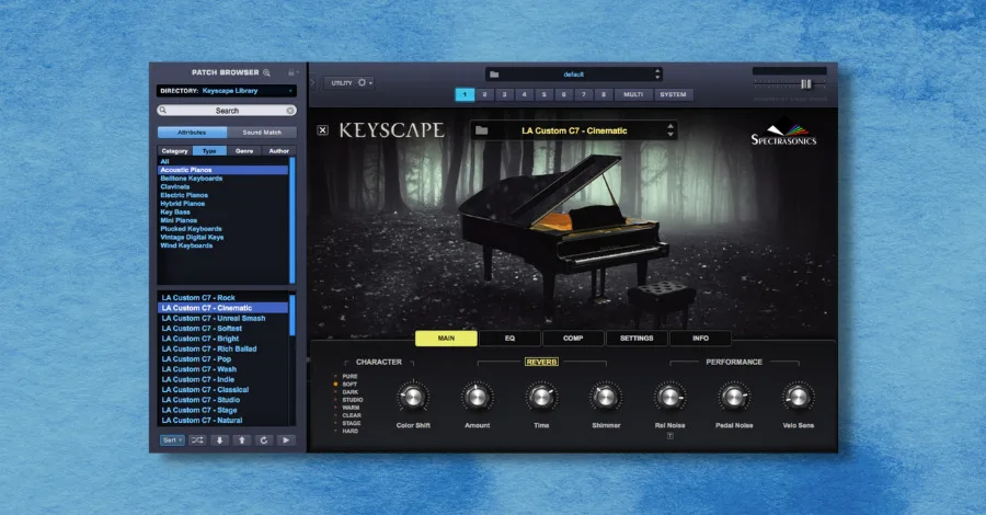 Spectrasonics Keyscape plugin interface showing the grand piano model selector