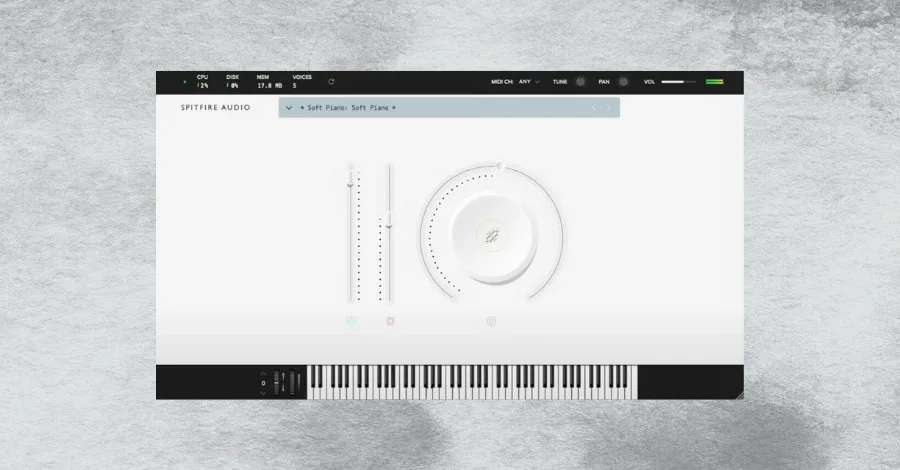 Spitfire Audio LABS Soft Piano plugin with its minimal felt piano interface