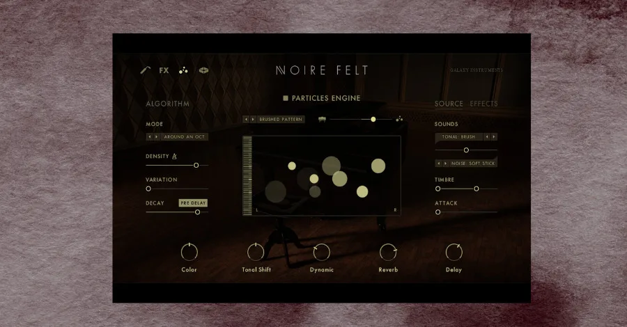 Native Instruments Noire plugin interface showing the Particles Engine controls and felt damper options