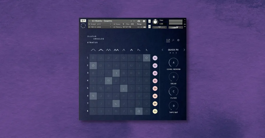 Spitfire Audio Olafur Arnalds Stratus plugin showing the eight-matrix generative piano interface