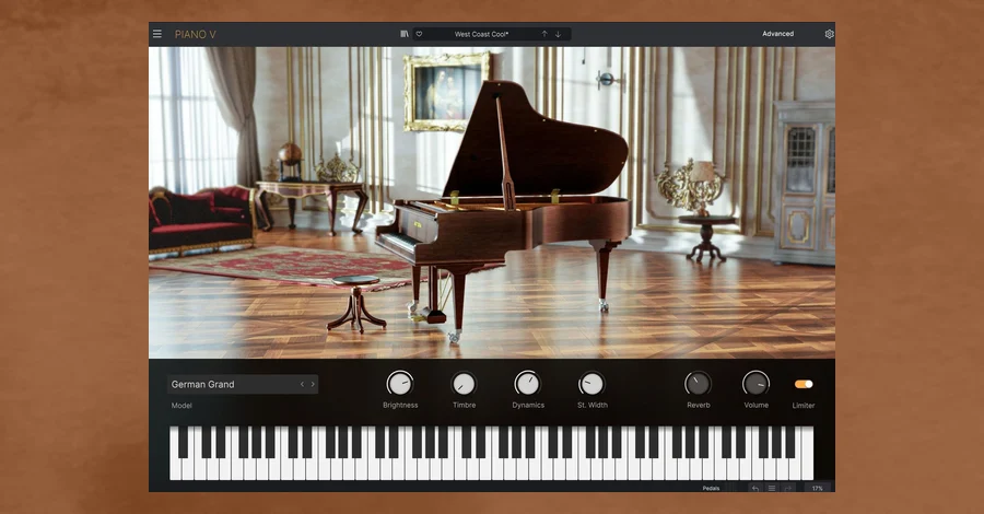 Arturia Piano V3 physically modeled piano plugin showing its model and mic placement controls