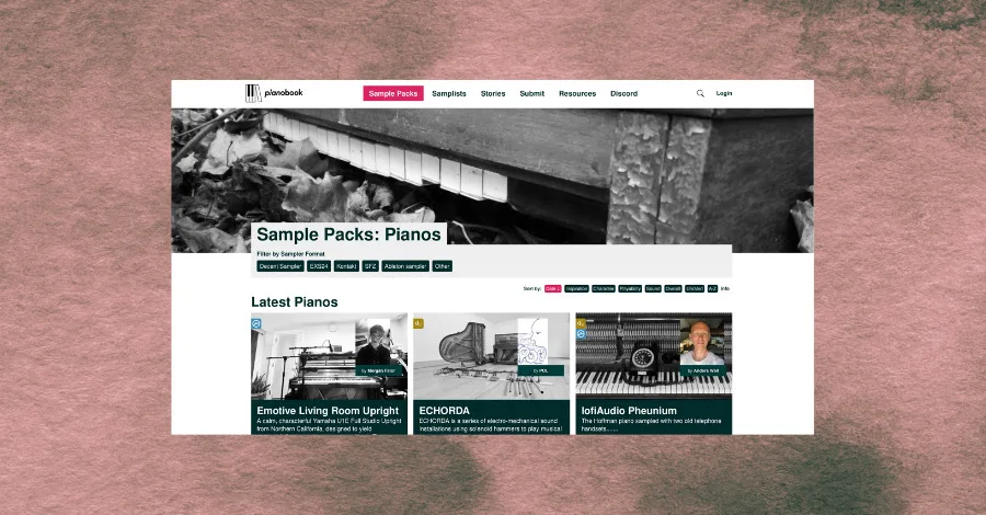 Pianobook website homepage showing the community piano sample library collection