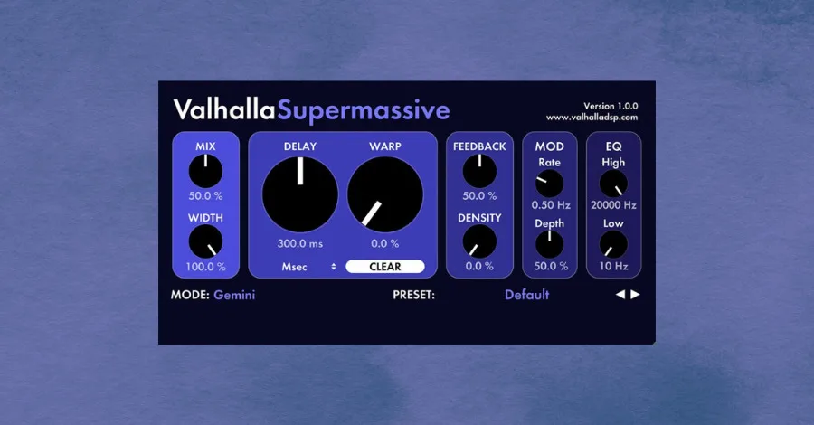 Valhalla DSP Super Massive reverb plugin showing the massive reverb decay controls