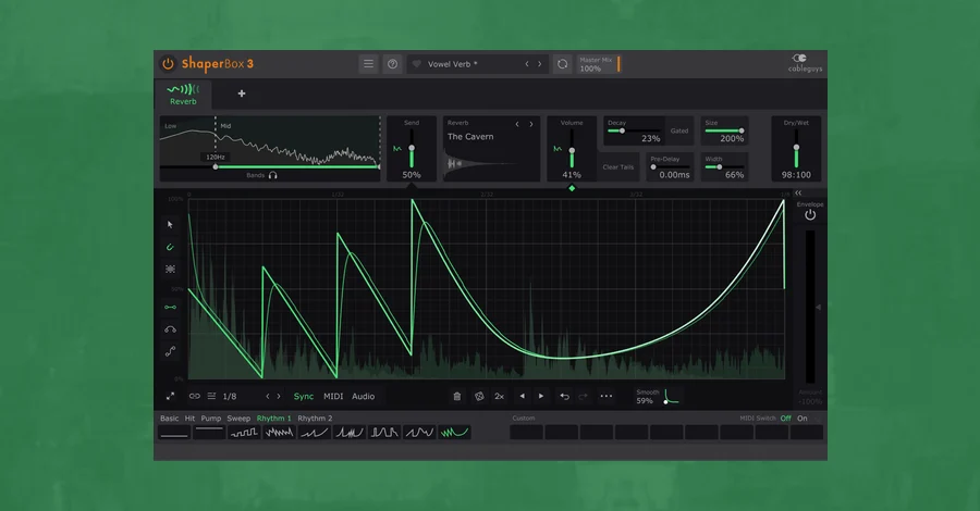Cableguys ReverbShaper inside ShaperBox 3 with a drawn reverb shape