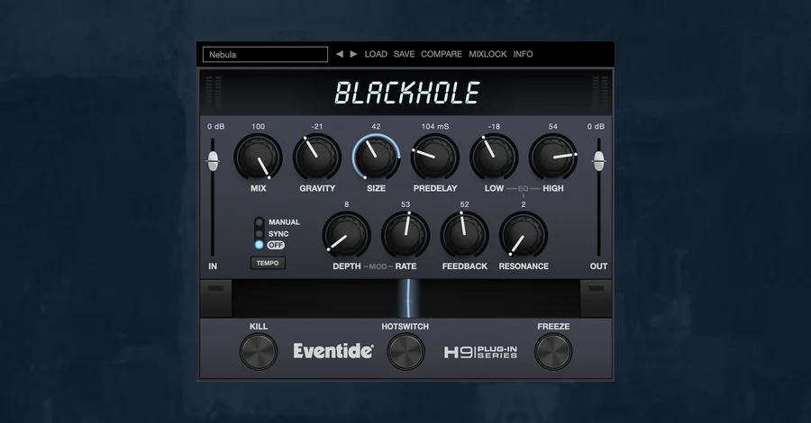 Eventide Blackhole reverb plugin interface with Gravity, Size and Feedback controls