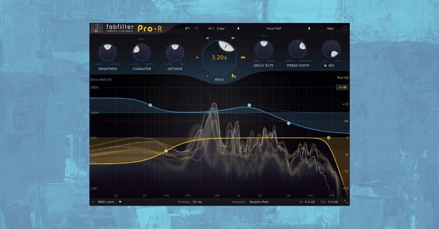 FabFilter Pro-R algorithmic reverb plugin interface with space and decay controls