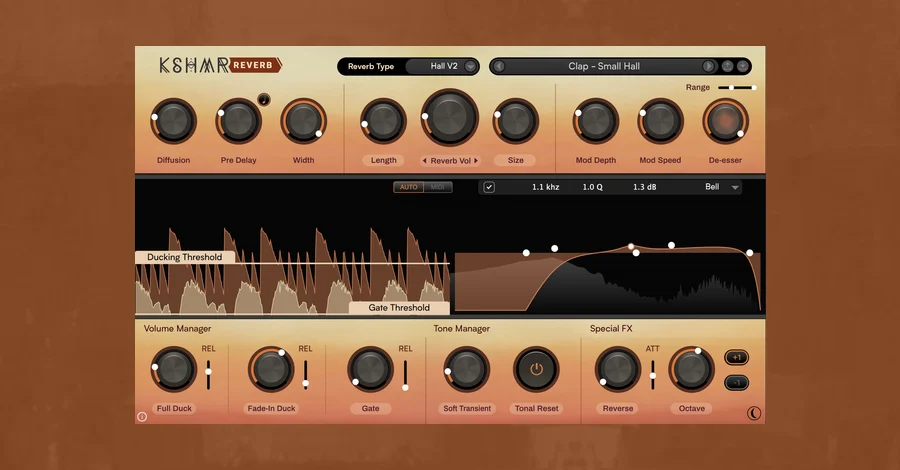 KSHMR Reverb plugin with Volume Manager, Tone Manager and Special FX sections