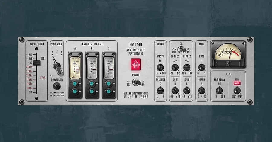 UAD EMT 140 plate reverb emulation plugin interface with three model options