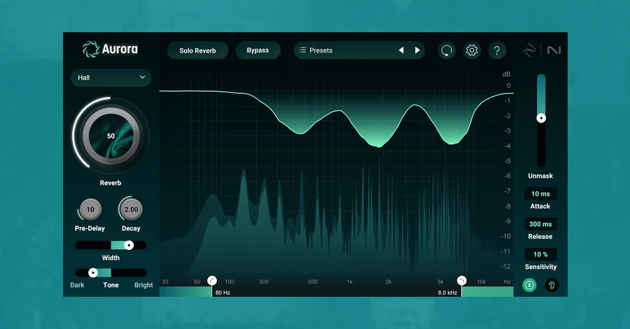 iZotope Aurora reverb plugin with the Adaptive Unmasking display