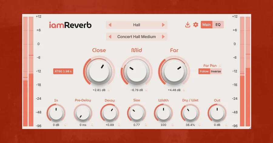 iamReverb convolution reverb plugin with Close, Mid and Far distance knobs