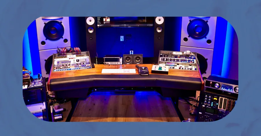 Argosy Dual 15 studio workstation desk with slanted rack modules