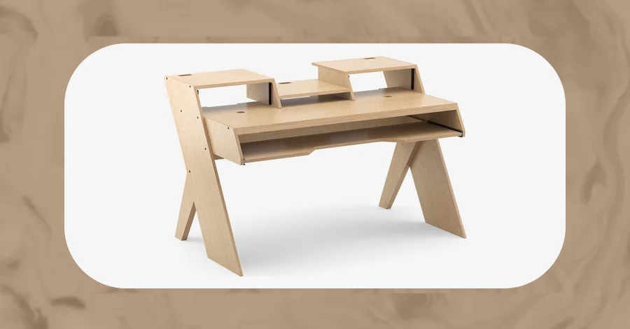 De-Fi Platform studio desk in natural birch with keyboard tray and monitor hutch