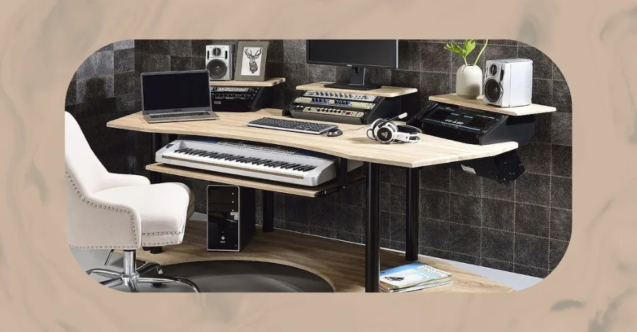 Acme Furniture Eleazar studio desk, 83 inches wide with angled stands and a hutch