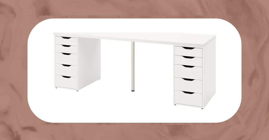 IKEA LAGKAPTEN tabletop on two ALEX drawer units, a wide DIY music production desk