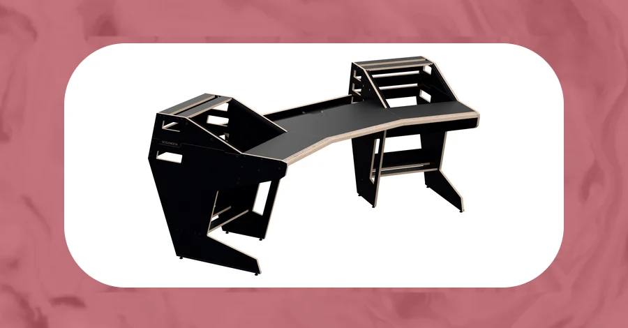 Sessiondesk GUSTAV 2.0 studio desk in black with two angled 9U rack wings