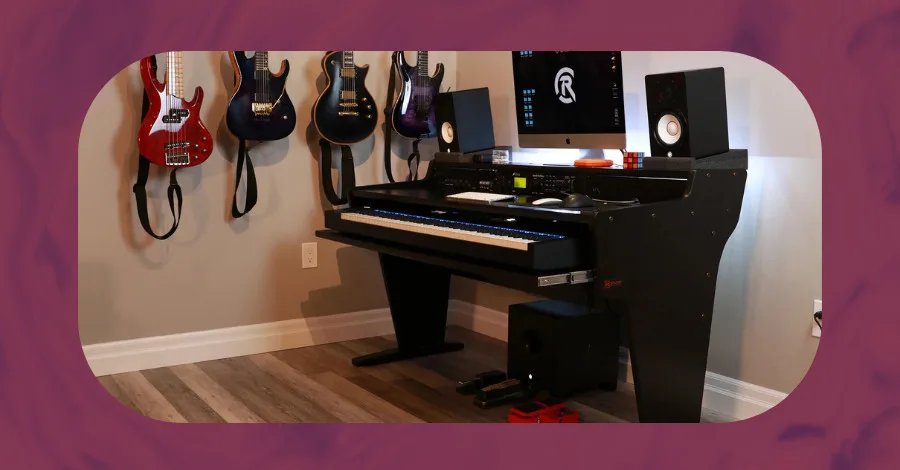 AZ Studio Spike 88 studio desk with 88-key keyboard shelf in a small home studio