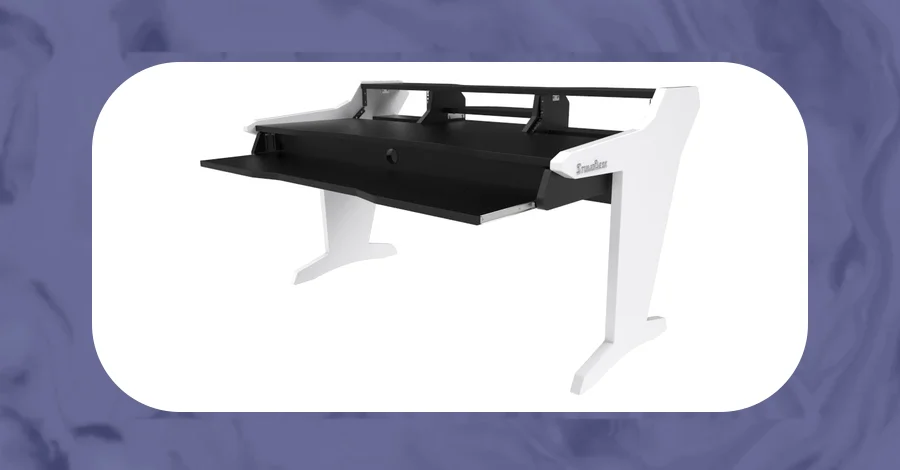 Studio Desk Harmony studio workstation in black with white legs and angled rack bays
