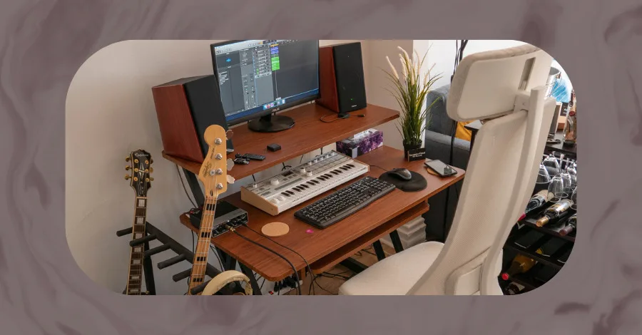 On-Stage WS7500 Workstation in rosewood, an affordable studio desk for bedroom producers