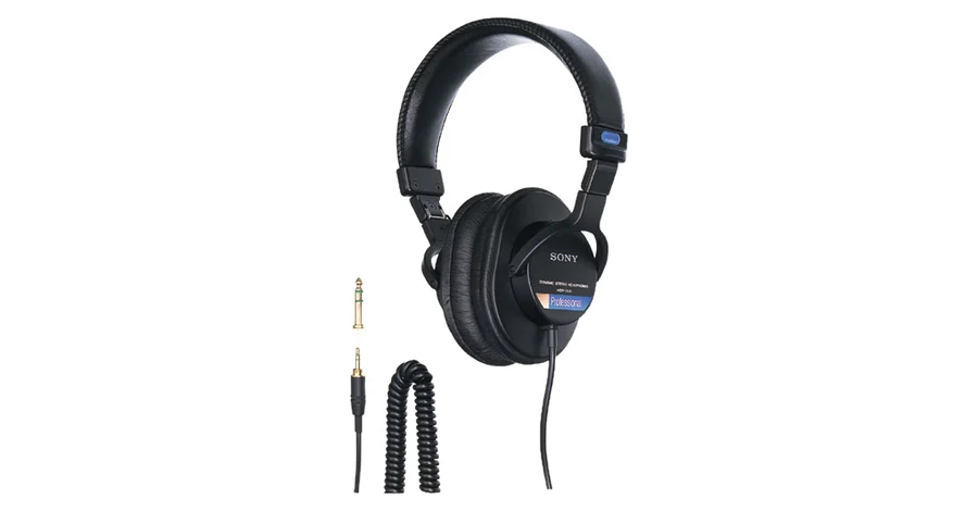 Sony MDR-7506 closed-back studio headphones with coiled cable and 1/4" adapter