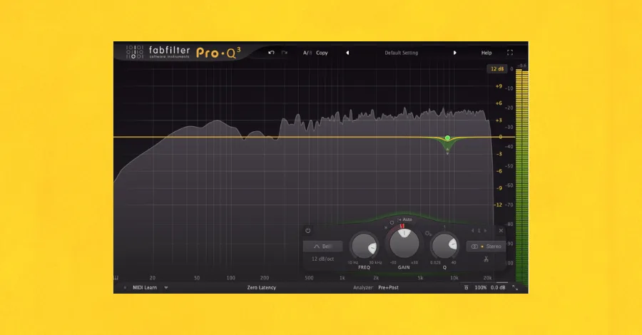 FabFilter Pro-Q dynamic EQ interface showing frequency-specific de-essing mode