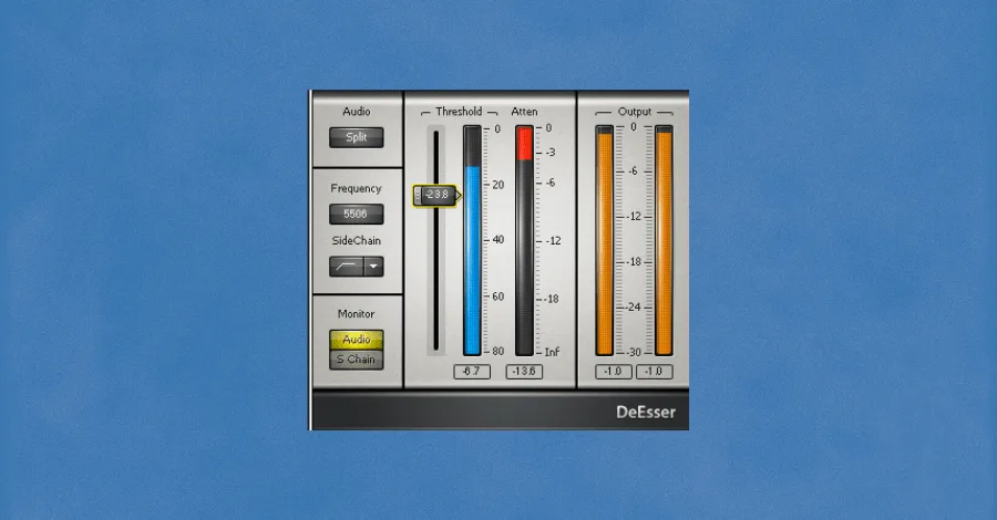 Waves De-Esser plugin interface showing frequency range and threshold controls