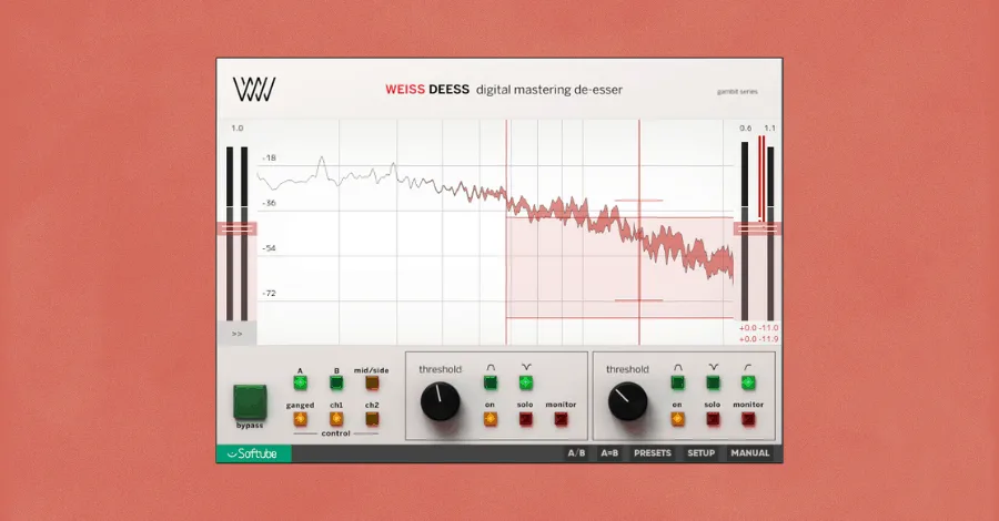 Softube Weiss Mastering De-Esser plugin interface for transparent high-frequency control