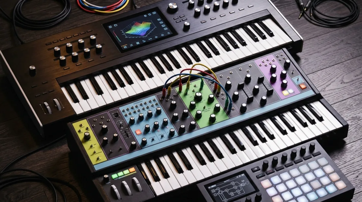 A stack of analog synths layered with a digital controller, showing the two worlds living side by side in a modern studio.