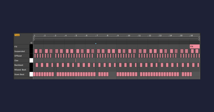 A 16-bar drum loop with incidental percussion and fill elements maintaining interest over time