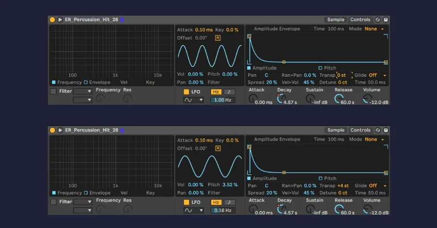 Same drum loop after tuning adjustments and sample replacements on clap and hat channels