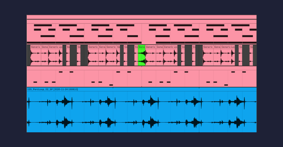 Polymeter in a DAW: a six-beat blue loop cycling over the main 4/4 groove at irregular intervals