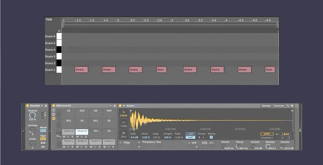 Round-robin sampling triggered by a single note using Ableton's Random effect
