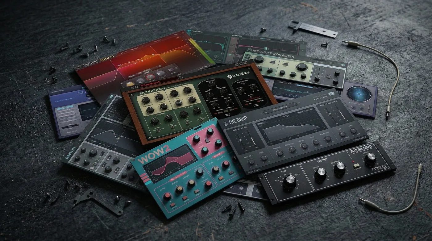 Producer's desk with the filter plugins loaded across multiple plugin slots