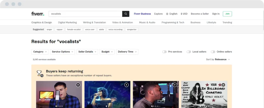 Fiverr vocalist search results