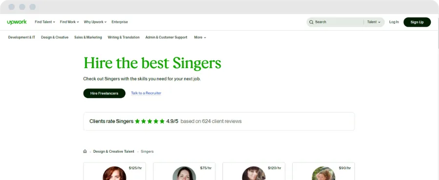 Upwork singer hiring page