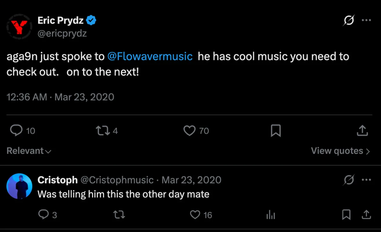 Eric Prydz tweeting about Flowaver's music with a casual co-sign from Cristoph in the replies