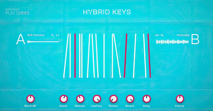 Hybrid Keys Kontakt library interface showing hybrid piano and synth sounds